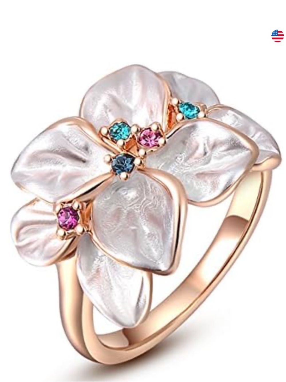 Roxi Petals Rose Gold Flower Ring with Pink and Blue Accents